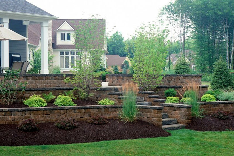 Backyard landscape, retaining walls, plantings, luxury home