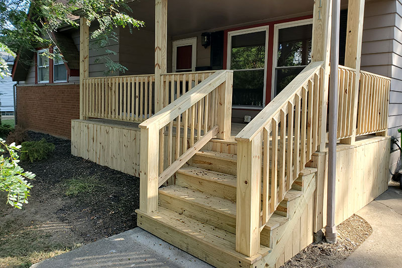 Front porch, railing, steps and roof