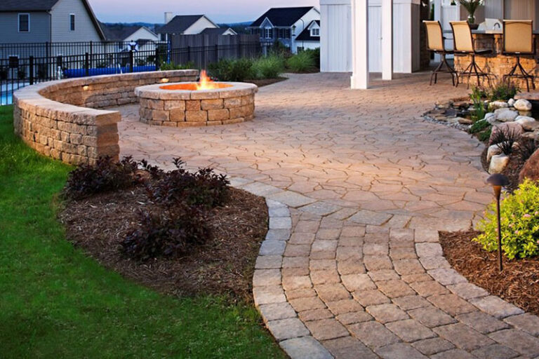 firepit, stone wall, paver patio