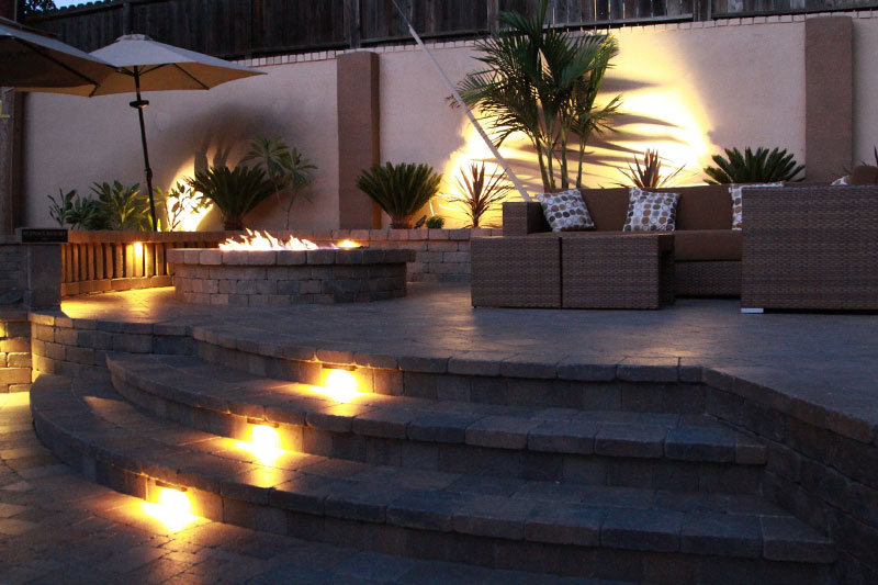 backyard outdoor lighting, steps, fire feature, up lighting