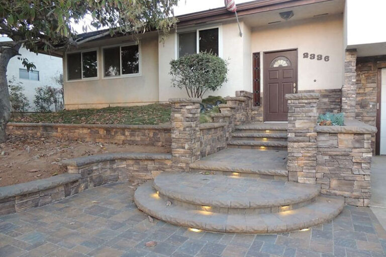 stone steps, walls, stair lighting, paver patio