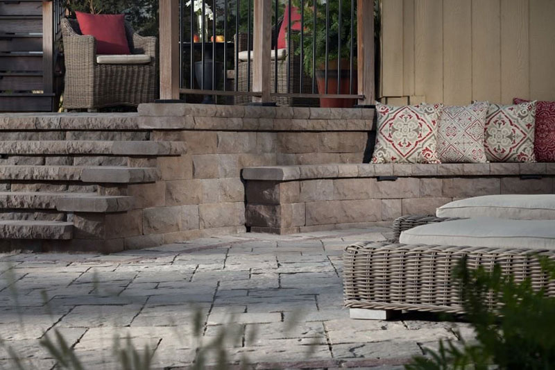 stone stairs, wall, bench, seating area, paver patio