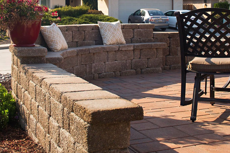 stone wall, stone seating bench, paver patio