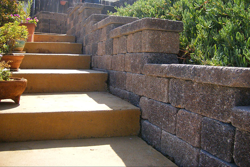 stone stairs, stone retaining wall along staircase
